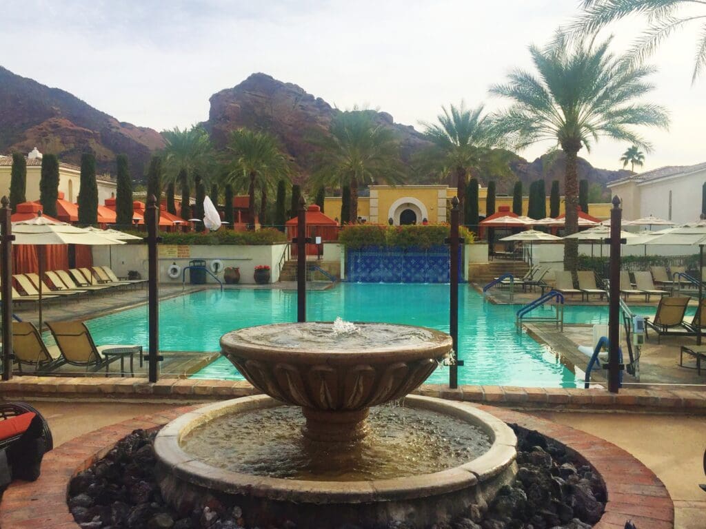 a pool with a fountain and palm trees