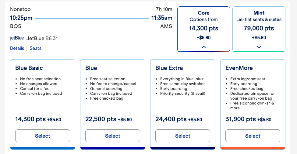 A screenshot showing a JetBlue award from Boston to Amsterdam for 14,300 points.