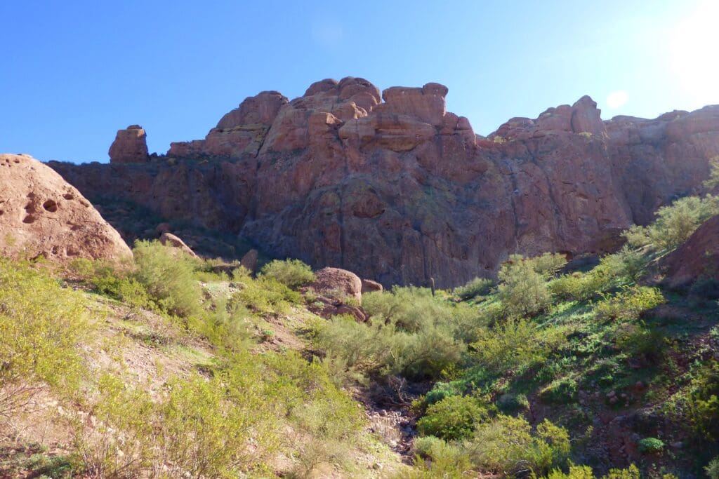 a rocky mountain with bushes and blue sky