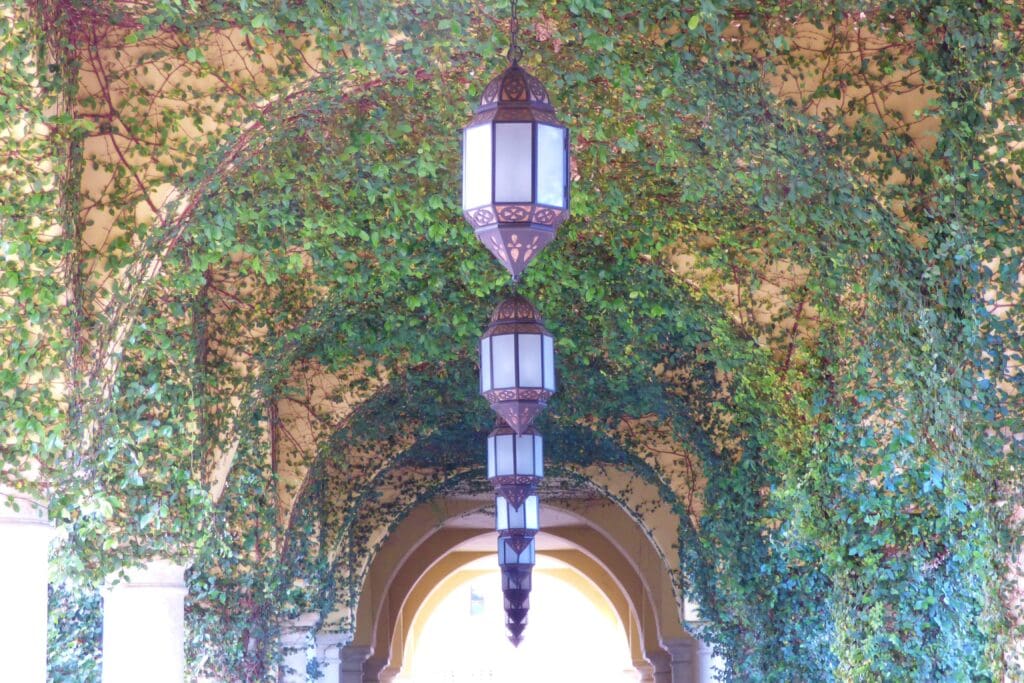 a group of lanterns from a ceiling