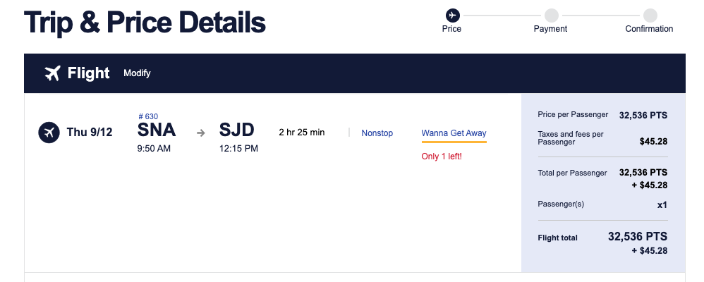 A screenshot from the Southwest Airlines showing a breakdown of how many points are needed for a flight as well as roughly $45 in taxes and fees.