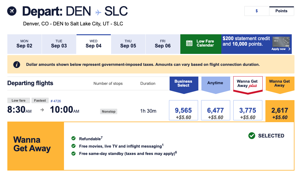 A screenshot showing how many Southwest points you would need to book a flight from Denver to Salt Lake City.