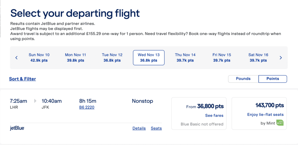 A screenshot of JetBlue award redemption options showing that flights from the UK incur higher taxes and fees.