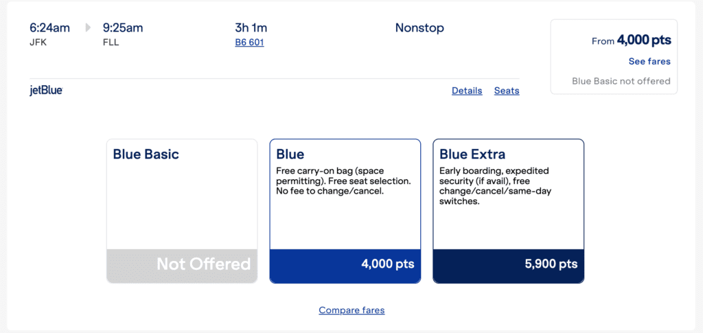 A screenshot from the JetBlue website showing the number of points needed for a flight from New York-JFK to Fort Lauderdale on September 4th, 2024. 4,000 points are needed for an award flight on this route.