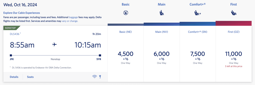 A screenshot showing how many Delta SkyMiles are needed for a flight from New York-JFK to Syracuse, New York.