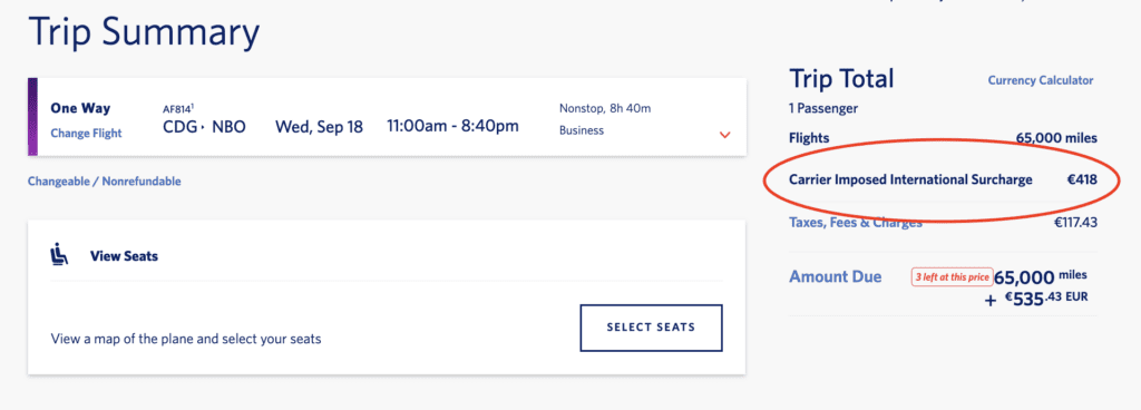 A screenshot from the Delta Air Lines website showing carrier-imposed surcharges when redeeming SkyMiles for travel on Air France.