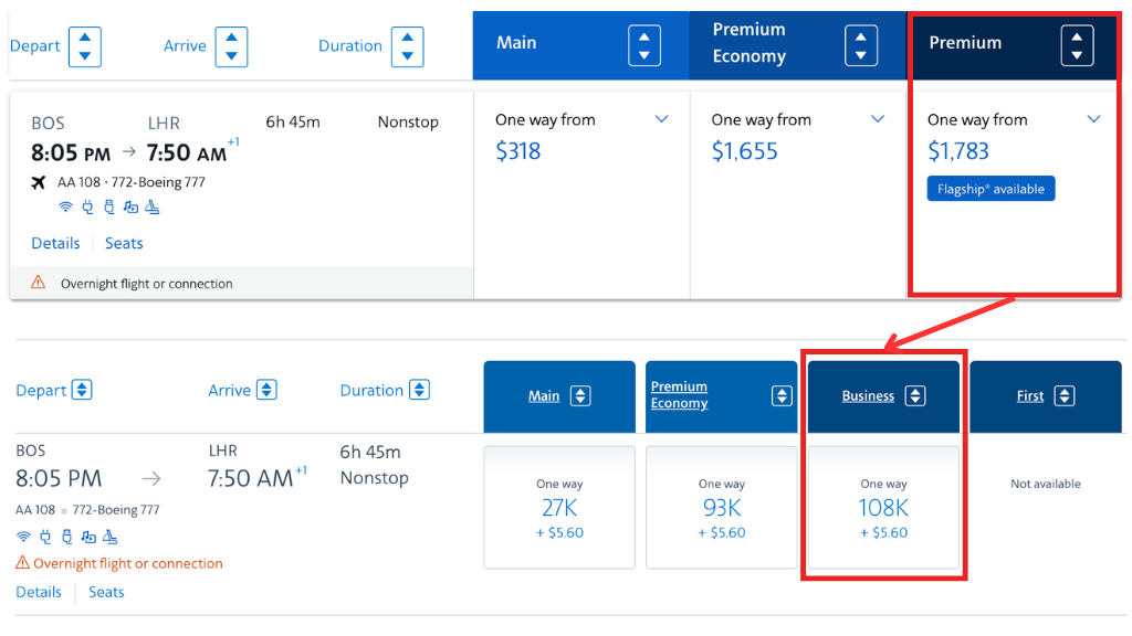 A screenshot showing the cash fare and number of AAdvantage miles required for the same flight from Boston to London with business class outlined in red.