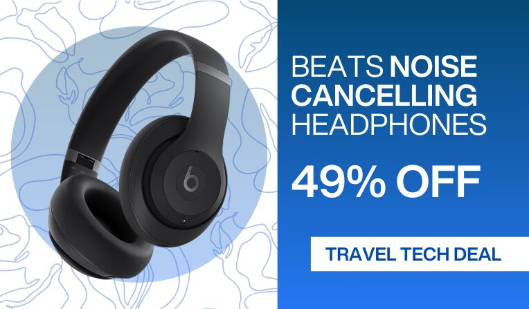 A pair of black Beast Studio Pro headphones accompanied by text on the right that reads "Beats Noise Cancelling Headphones 49% Off"