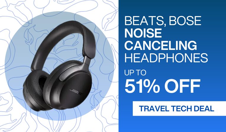 An image of noise canceling headphones accompanied by text that reads, Beats, Bose Noise Canceling Headphones up to 51% off.