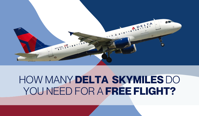 A Delta Air Lines Airbus A320 picture on a multi-color background accompanied by text that reads "How many Delta SkyMiles do You Need for a Free Flight?"