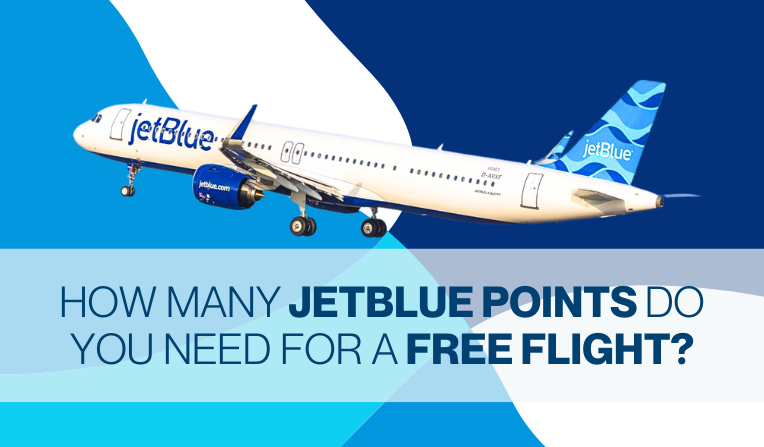 A JetBlue Airbus A321neo taking off on a blue gradient background with text towards the bottom of the image that reads "How Many JetBlue Points for a Free Flight?"