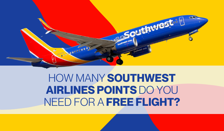 A graphic that includes an image of a Southwest Airlines Boeing 737 in-flight on a colorful background. Text at the lower center of the image reads, "How Many Southwest Airlines Points Do You Need for a Free Flight?"