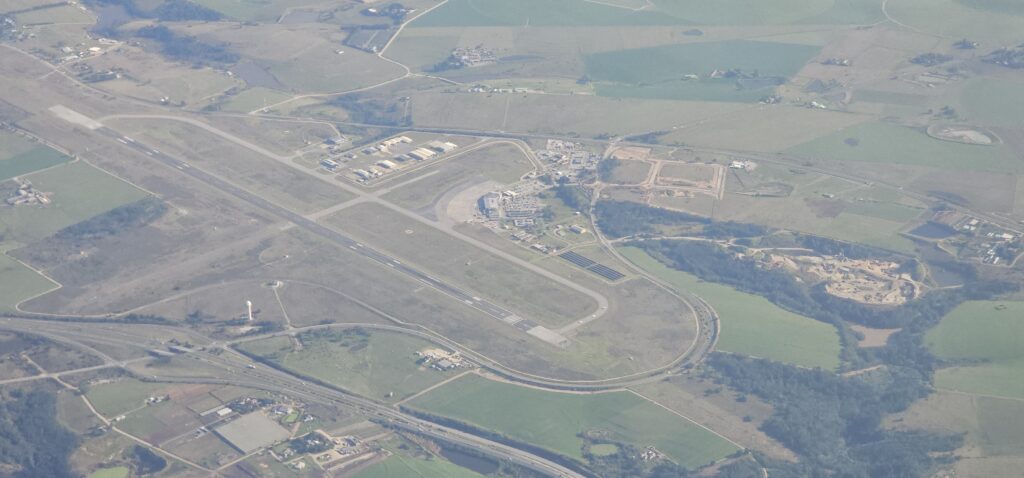 an aerial view of a runway