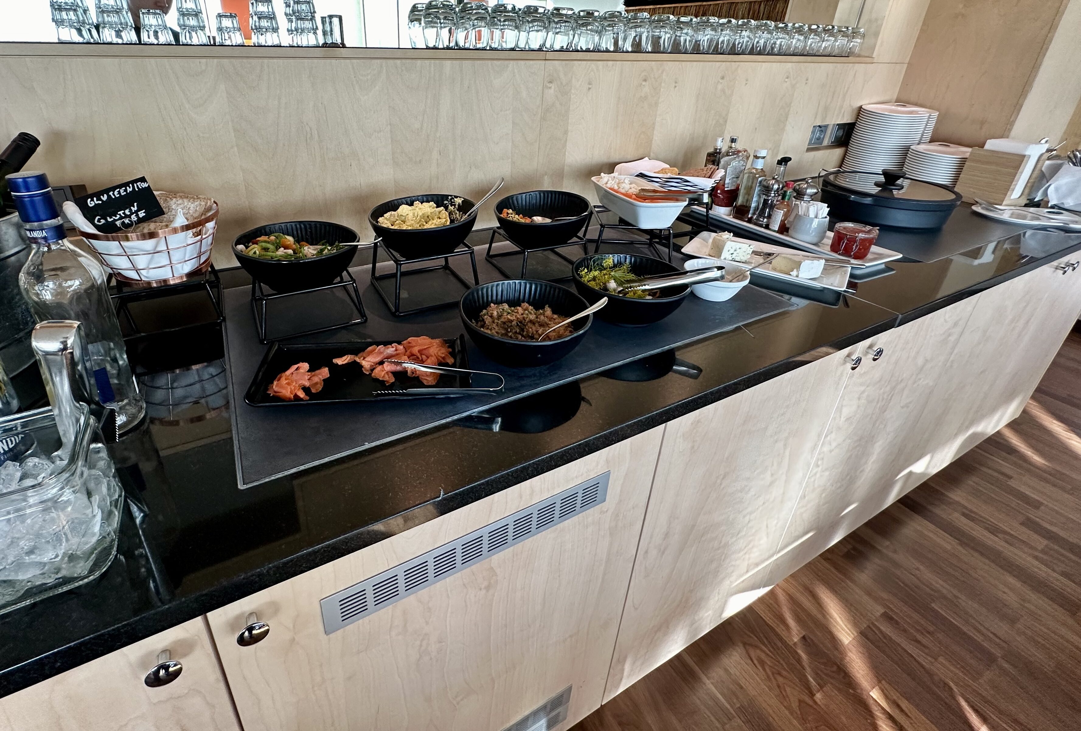 a buffet table with food on it