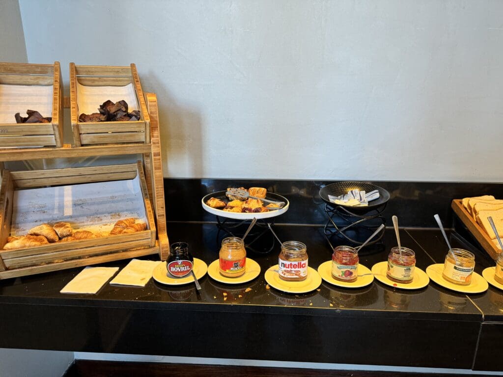 food on plates and jars on a counter