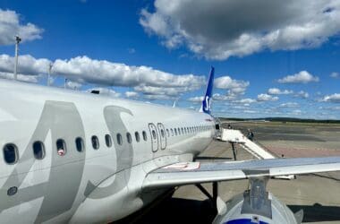 an SAS A320neo on the runway