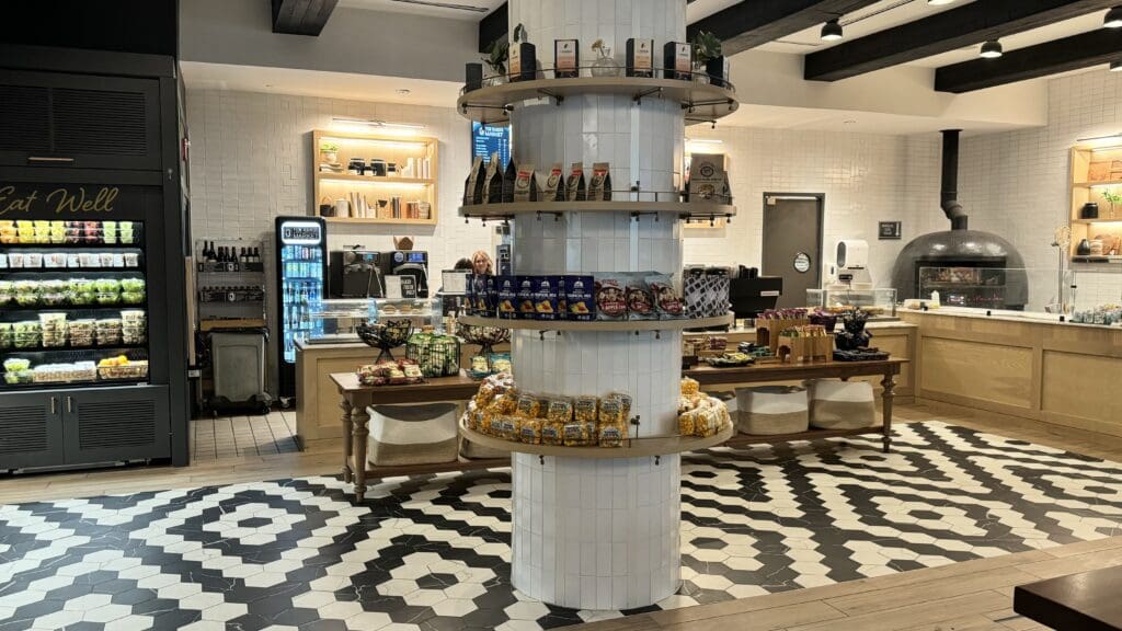 a display of food on shelves in a store