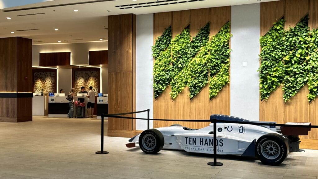 a race car in a lobby