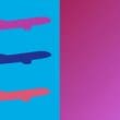 Three aircraft silhouettes of different colors on a light blue background next to a purple gradient