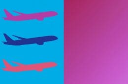 Three aircraft silhouettes of different colors on a light blue background next to a purple gradient