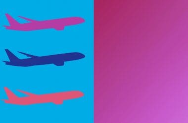 Three aircraft silhouettes of different colors on a light blue background next to a purple gradient