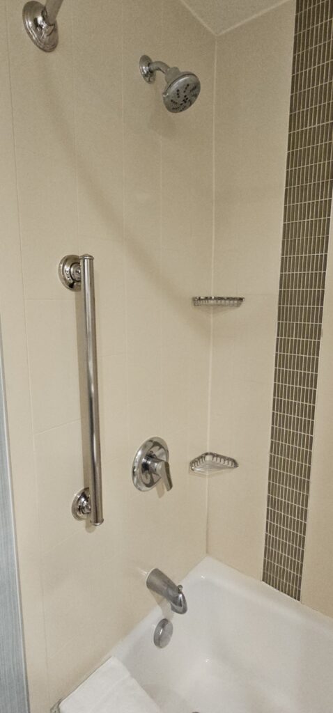 a shower with a hand rail and a shelf