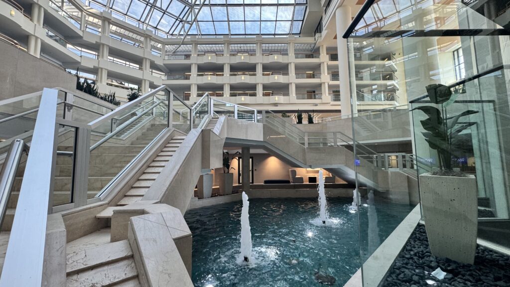 a water fountain inside a building