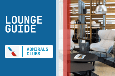 A photo of seating at an Admirals Club location accompanied by text on a blue background that reads "Lounge Guide"