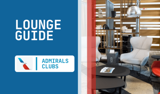 A photo of seating at an Admirals Club location accompanied by text on a blue background that reads "Lounge Guide"