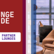 A photo of seating at an airline lounge location accompanied by text on a red background that reads "Lounge Guide Partner Lounges"