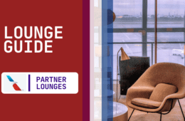 A photo of seating at an airline lounge location accompanied by text on a red background that reads "Lounge Guide Partner Lounges"