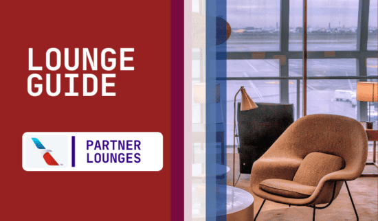 A photo of seating at an airline lounge location accompanied by text on a red background that reads "Lounge Guide Partner Lounges"