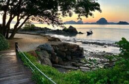 a wooden walkway leading to a beach with a boat in the water