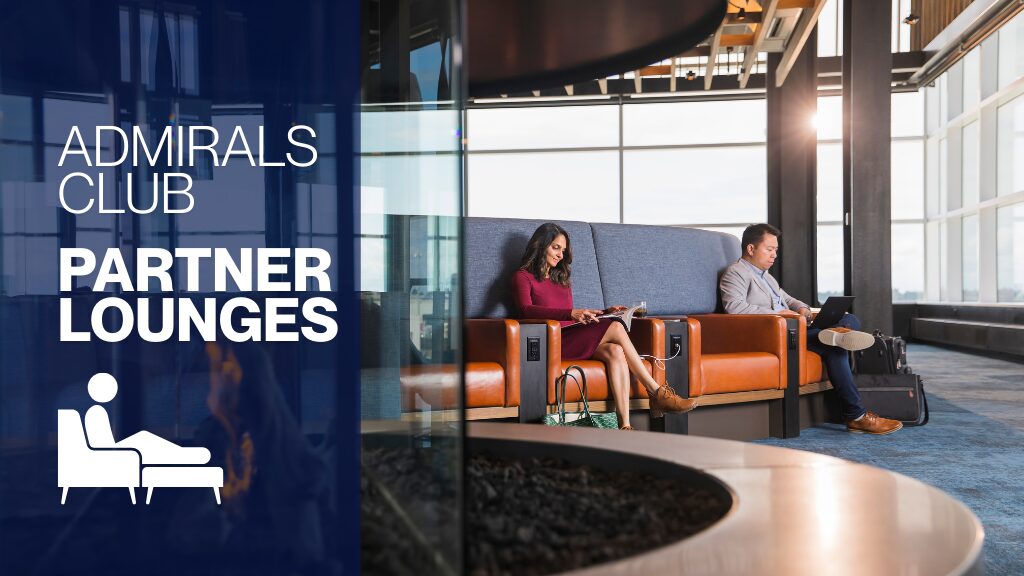 An image of an Alaska Airlines Alaska Lounge with two people sitting accompanied by text on the left that reads "Admirals Club Partner Lounges" with an icon of a person on a lounge chair.