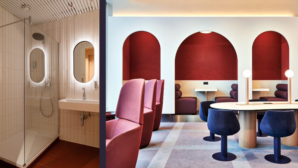 Two images of the Oneworld Lounge in Amsterdam with the left image of the private shower suite and the right image of the general lounge area.