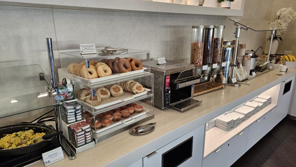 a counter with a variety of food items