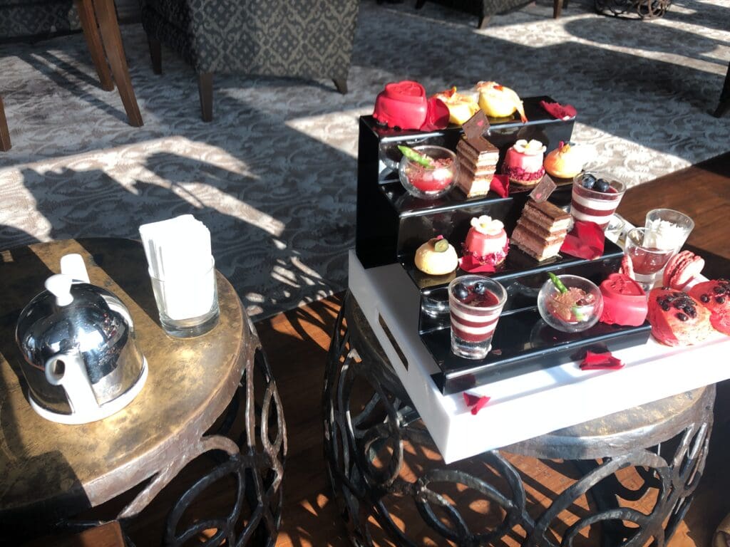 a tray of desserts on a table