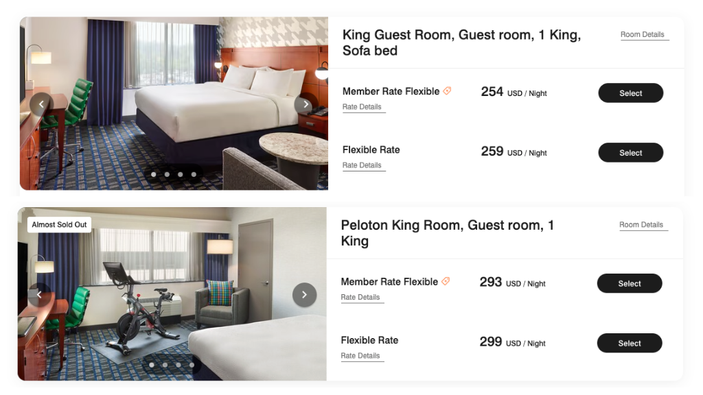 A screenshot showing rates for a standard king room and a room with a Peloton bike at the Courtyard Arlington, Virginia.