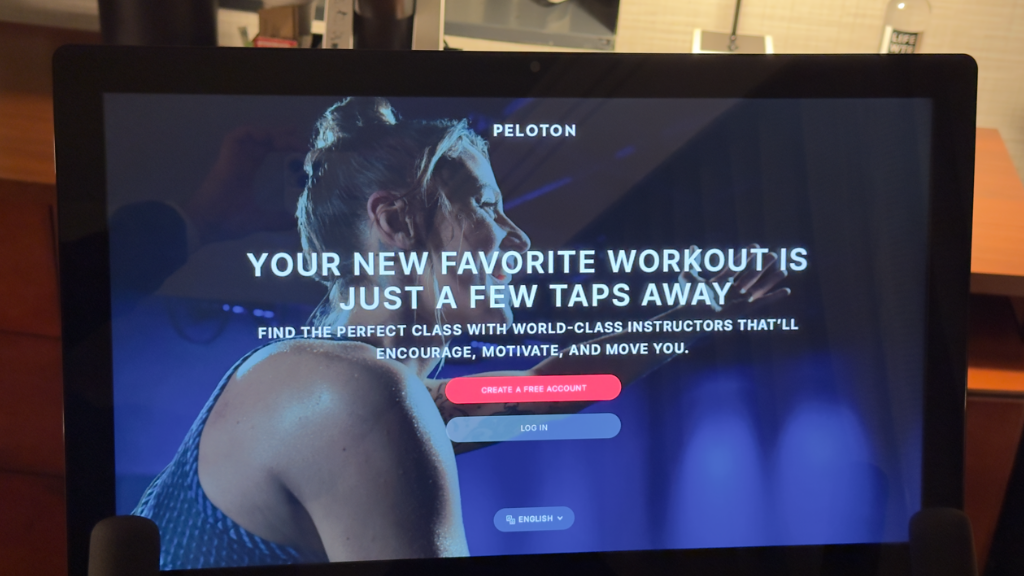 The welcome screen on a Peloton bike