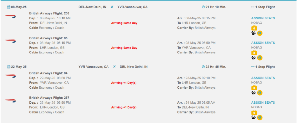 a screenshot of a flight schedule