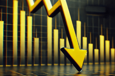 A yellow arrow indicating downward trend of a stock price