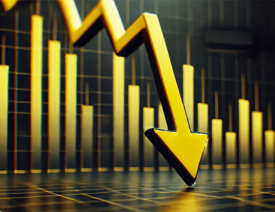 A yellow arrow indicating downward trend of a stock price