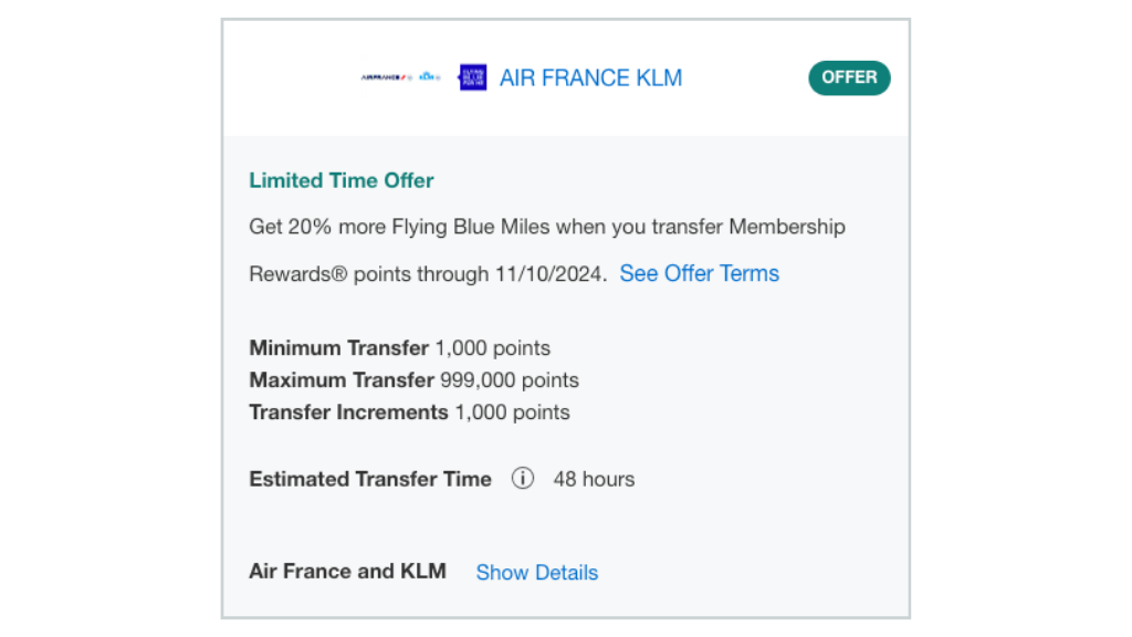 A screenshot showing details of promotion for transferring American Express points to FlyingBlue with a 20% bonus.