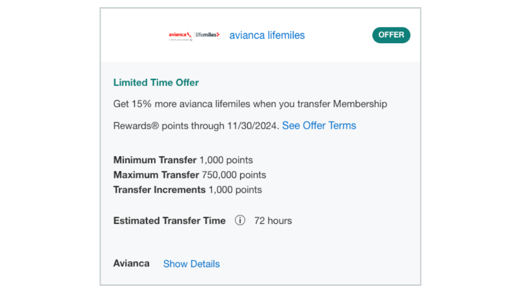 A screenshot showing details of promotion for transferring American Express points to Avianca LifeMiles with a 15% bonus.