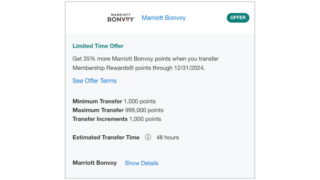 A screenshot showing details of promotion for transferring American Express points to Marriott Bonvoy with a 35% bonus