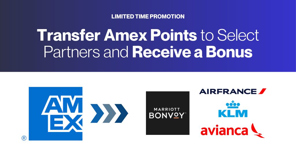 An image with header text that reads "Transfer Amex Points to Select Partners and Receive a Bonus." Below this text are the logos for American Express, Marriott Bonvoy, Air France, KLM, and Avianca.