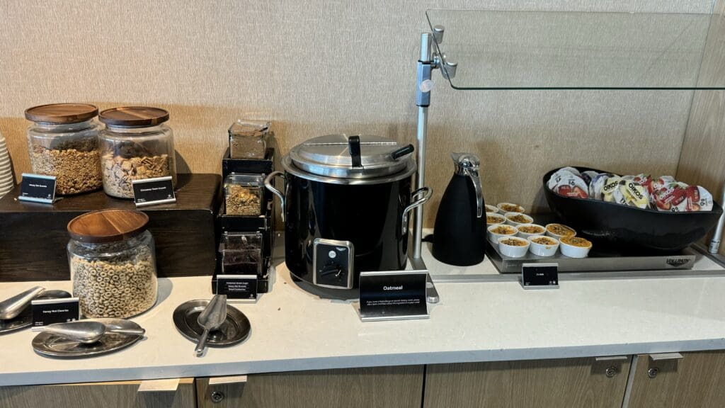 a buffet table with food items on it