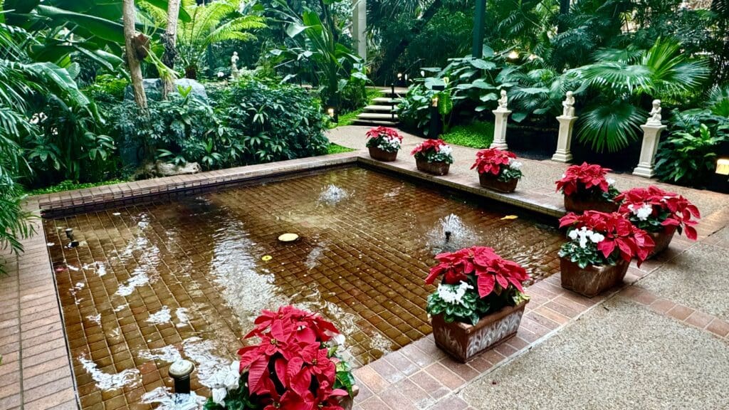 a pool with red flowers and plants