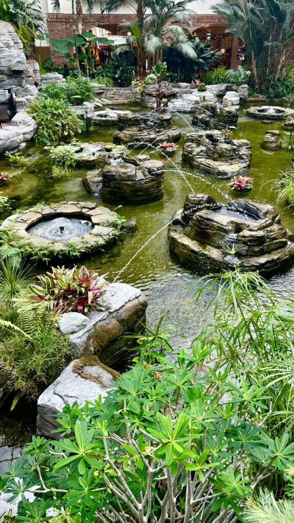 a water fountain in a pond