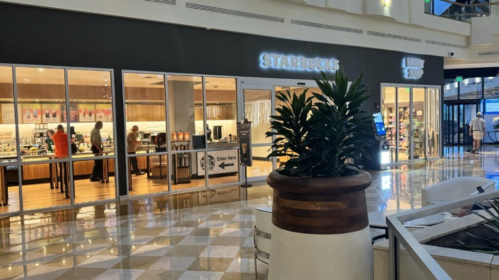 a plant in a pot in front of a store